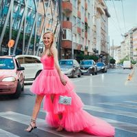 Gorgeous A-Line Starpless Pink Tulle High Low Prom Evening Dresses Formal Party Dresses - Thumbnail 1