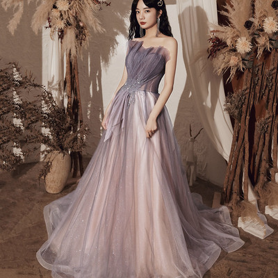 Purple tulle sequins long prom dress evening dress - Thumbnail 3