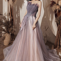 Purple tulle sequins long prom dress evening dress - Thumbnail 5
