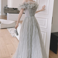 Gray tulle long prom dress A line evening dress - Thumbnail 2