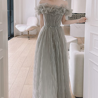 Gray tulle long prom dress A line evening dress - Thumbnail 3