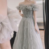 Gray tulle long prom dress A line evening dress - Thumbnail 4