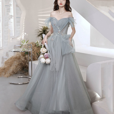 Gray tulle sequins long prom dress a line evening dress - Thumbnail 2