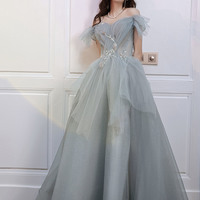 Gray tulle sequins long prom dress A line evening dress - Thumbnail 1