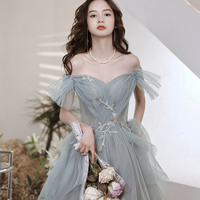 Gray tulle sequins long prom dress A line evening dress - Thumbnail 3