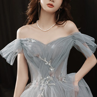 Gray tulle sequins long prom dress A line evening dress - Thumbnail 4