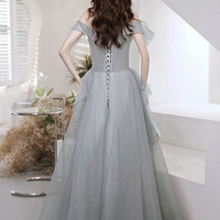 Gray tulle sequins long prom dress A line evening dress - Thumbnail 5