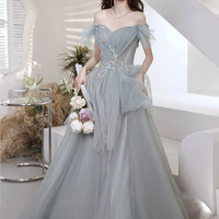 Gray tulle sequins long prom dress A line evening dress - Thumbnail 6