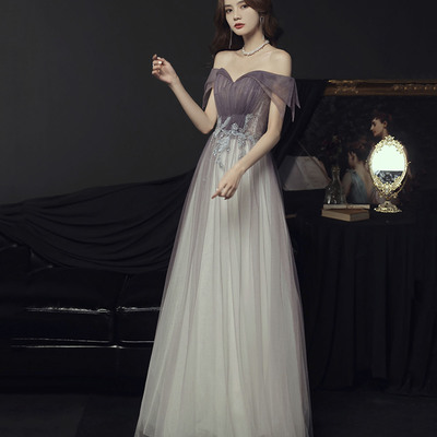 Purple tulle sequins long prom dress a line evening dress - Thumbnail 2