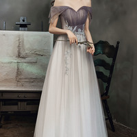 Purple tulle sequins long prom dress A line evening dress - Thumbnail 1