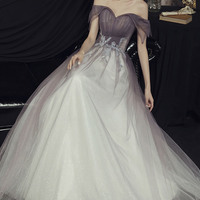 Purple tulle sequins long prom dress A line evening dress - Thumbnail 3