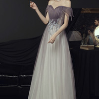 Purple tulle sequins long prom dress A line evening dress - Thumbnail 5