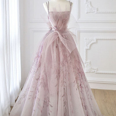 Pink tulle beads long prom dress a line evening dress - Thumbnail 2