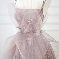 Pink tulle beads long prom dress A line evening dress - Thumbnail 1