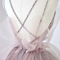 Pink tulle beads long prom dress A line evening dress - Thumbnail 2