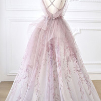 Pink tulle beads long prom dress A line evening dress - Thumbnail 3