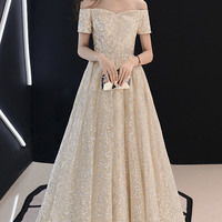 Champagne tulle sequins long prom dress evening dress - Thumbnail 5