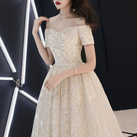Champagne tulle sequins long prom dress evening dress - Thumbnail 2