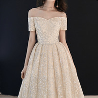 Champagne tulle sequins long prom dress evening dress - Thumbnail 3