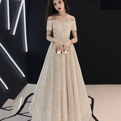 Champagne tulle sequins long prom dress evening dress - Thumbnail 3