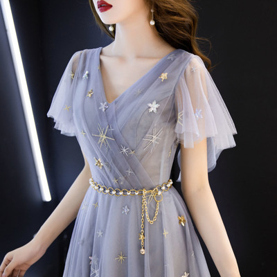 Blue v neck tulle long prom dress blue evening dress - Thumbnail 2