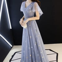 Blue v neck tulle long prom dress blue evening dress - Thumbnail 1