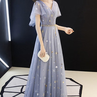 Blue v neck tulle long prom dress blue evening dress - Thumbnail 3