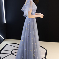 Blue v neck tulle long prom dress blue evening dress - Thumbnail 4