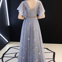 Blue v neck tulle long prom dress blue evening dress - Thumbnail 5