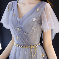 Blue v neck tulle long prom dress blue evening dress - Thumbnail 6