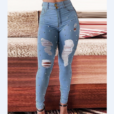 Design women's beaded denim trousers