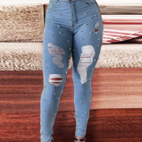 Design Women's Beaded Denim Trousers - Thumbnail 1