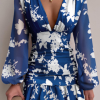 Women's V-Neck Printed Puff Sleeve Dress - Thumbnail 1