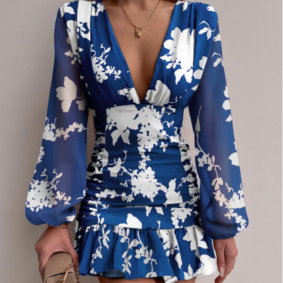 Women's v-neck printed puff sleeve dress