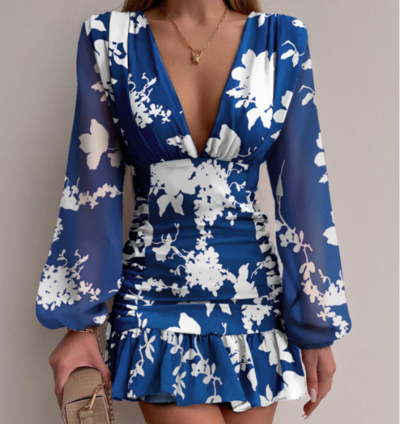 Women's V-Neck Printed Puff Sleeve Dress
