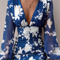 Women's V-Neck Printed Puff Sleeve Dress - Thumbnail 2