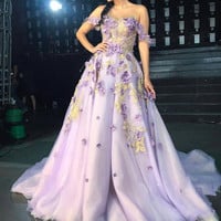 SP1973,Gorgeous light purple prom dresses,off the shoulder evening dress,a-line prom dress,applique tulle prom dresses - Thumbnail 1