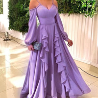 SP1974,Purple evening dress,purple long prom formal gown,satin ruffles long evening prom dresses - Thumbnail 1
