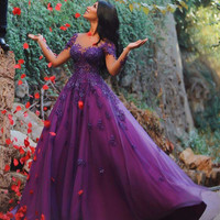 SP1975,Charming purple prom dress off the shoulder tulle prom dresses applique long evening formal gown - Thumbnail 1