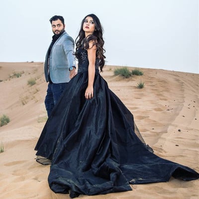 Sp1976,black applique organza long prom dresses,a-line evening dresses with long train - Thumbnail 2