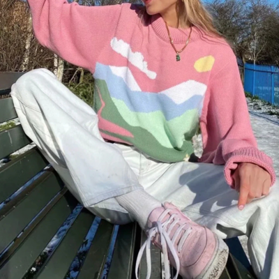 Cute landscape print knit sweater