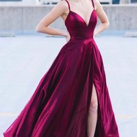 SP1977,Burgundy a-line prom dress satin v-neck long evening dresses split formal gown - Thumbnail 1