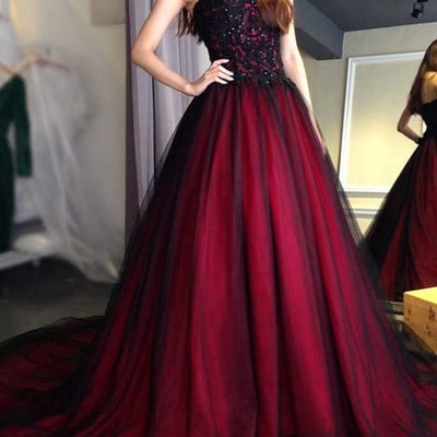 Sp1981,classic red and black a-line prom dresses sleeveless applique tulle evening party dresses