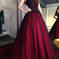 SP1981,Classic red and black a-line prom dresses sleeveless applique tulle evening party dresses - Thumbnail 1