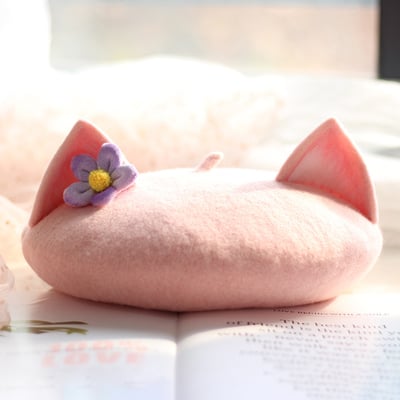 Cute pink cat ears with purple flower beret hat - Thumbnail 2