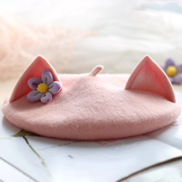 Cute Pink Cat Ears with Purple Flower Beret Hat - Thumbnail 3