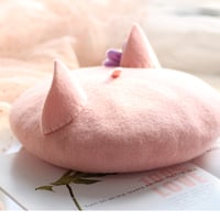 Cute Pink Cat Ears with Purple Flower Beret Hat - Thumbnail 5