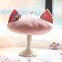 Cute Pink Cat Ears with Purple Flower Beret Hat - Thumbnail 6
