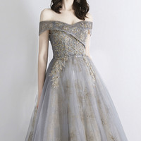 Gray tulle sequins long prom dress evening dress - Thumbnail 1