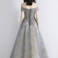 Gray tulle sequins long prom dress evening dress - Thumbnail 2